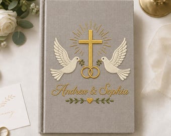 Álbum de fotos ou livro de assinaturas para casamento cristão, com bordado de cruz e pomba, livro de memórias personalizado para casamento, lembrança para batizado.
