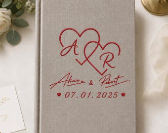 Heart Monogram & Signature Embroidered Wedding Photo Album or Guest Book, Custom Linen Wedding Keepsake, Personalized Wedding Gift