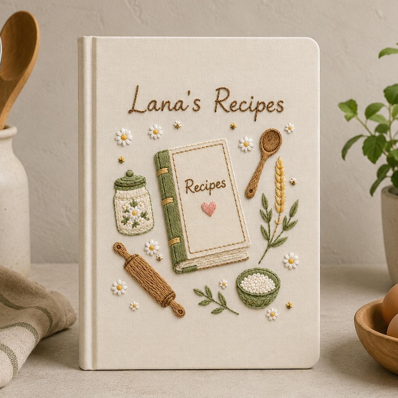 embroidered personalised recipe book