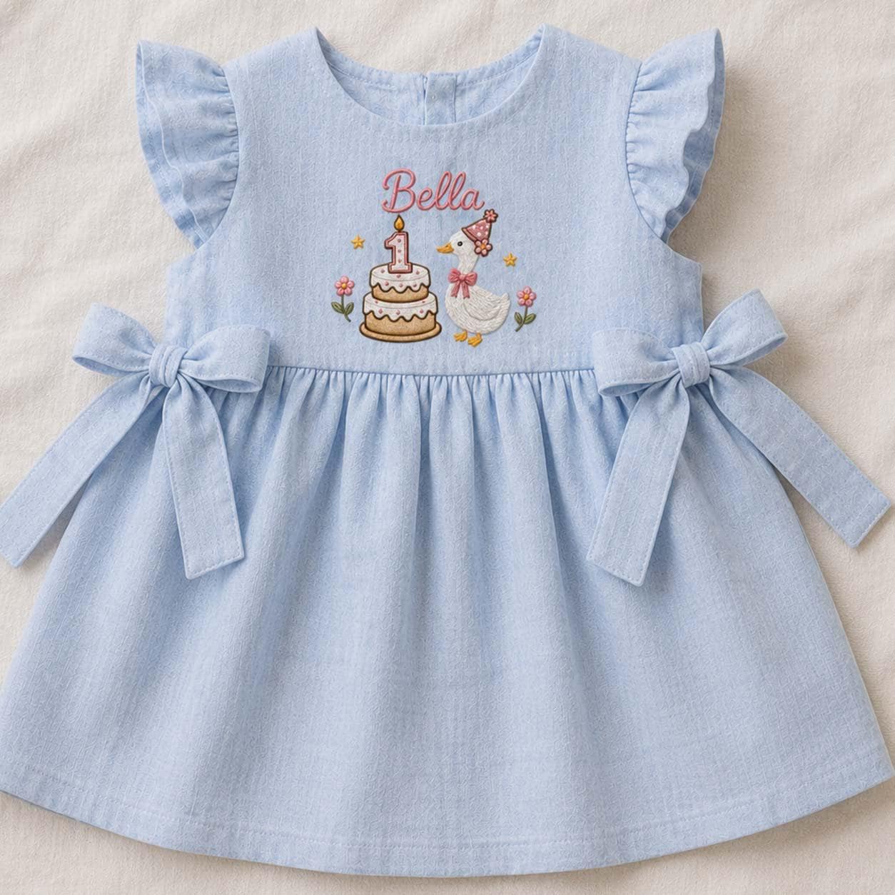 First Birthday Cake Goose Embroidered Dress, Personalized Baby Girl Name Outfit, 1st Birthday Cake Linen Dress, Custom Toddler Birthday Gift