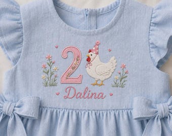 Vestido de bebé bordado con pollito para el segundo cumpleaños, conjunto personalizado con nombre de niña, vestido de cumpleaños de gallina blanca personalizado, conjunto para fiesta infantil.