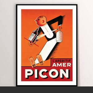 Puede incluir: Cartel publicitario vintage de Picon, un aperitivo. El cartel presenta una ilustración estilizada de un hombre con traje blanco y chaqueta negra, sosteniendo botellas. El fondo es naranja con el texto "L'Apéritif Amer Picon" en rojo y blanco.