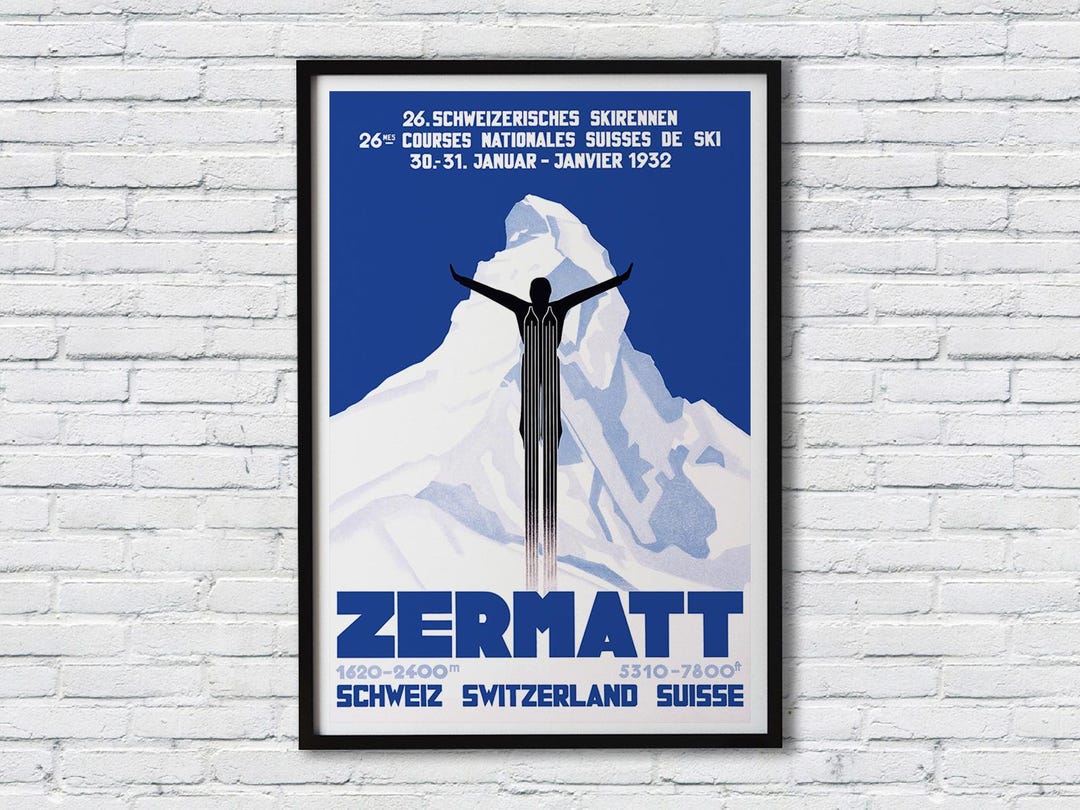 Zermatt Switzerland Ski Poster – Vintage Swiss Skiing Art Print – 1932 ...