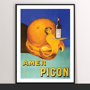 Puede incluir: Cartel vintage con una naranja grande y una figura femenina sosteniendo una botella de Amer Picon. El cartel tiene un fondo azul y verde azulado con las palabras "AMER PICON" en amarillo. La botella tiene una etiqueta blanca.
