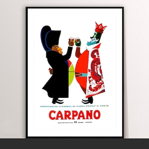 Può includere: Una pubblicità vintage incorniciata per il vermouth Carpano. L'opera presenta due figure stilizzate in abiti colorati, che brindano con bicchieri. La parola "CARPANO" è ben visibile in rosso, con testo aggiuntivo sottostante.