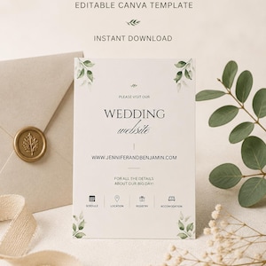 Puede incluir: Una tarjeta de sitio web de boda con detalles de hojas en acuarela verde. El texto dice: PLEASE VISIT OUR WEDDING website, WWW.JENNIFERANDBENJAMIN.COM, FOR ALL THE DETAILS ABOUT OUR BIG DAY!, además de iconos para SCHEDULE, LOCATION, REGISTRY y ACCOMODATION.