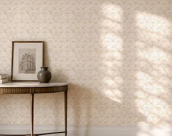 Art Deco wallpaper with sunburst, fountain, nature motifs in beige tones | Dramatic wallpaper | Elegant wallpaper | self adhesive wallpaper