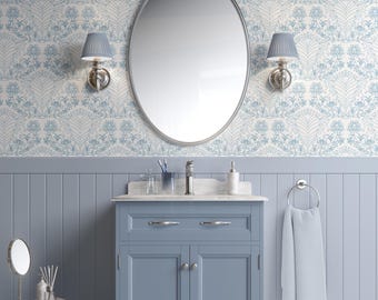 Damask wallpaper with abstract botanical line work | Blue & white floral wallpaper | Grandmillenial | Custom wallpaper | Removable wallpaper