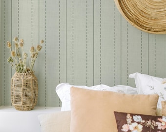 Organic pinstripe wallpaper with linen texture in light sage green | Stitched look for walls | Removable stripes | Country cottage interiors