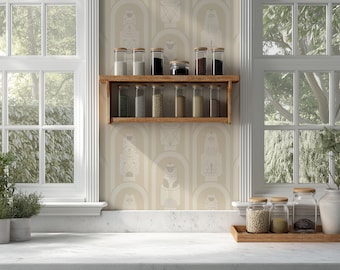 Art Deco kitchen wallpaper with elegant cakes in beige, honeycomb and pearl tones | Retro wallpaper | Peel & stick, pre-pasted or non-pasted