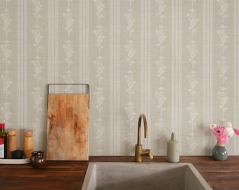 Neutral floral in beige cream | Block print floral stripe with linen texture | Traditional non-pasted wallpaper | Peel & stick wallpaper