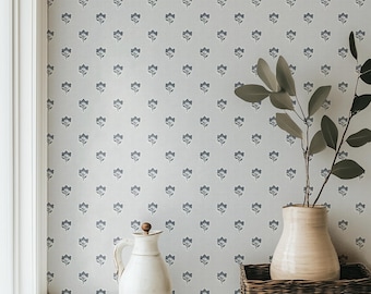 Farmhouse floral wallpaper in inky blue with linen texture | Block print floral | Country cottage interiors | Self adhesive removable custom