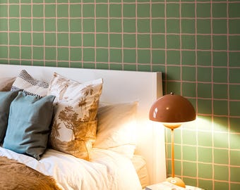 Wavy grid retro geometric wallpaper in artichoke green and soft peach pink | Simple irregular plaid | Peel & stick, non-pasted or pre-pasted
