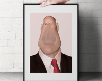 Bruce Willis Caricature - Hand drawn and painted print - 8.5x11