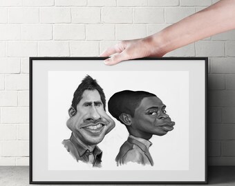 Psych TV Show Caricature - USA Network - James Roday Rodriguez & Dule Hill - Hand drawn and painted print - 8.5x11