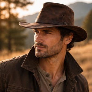 May include: A dark brown fedora hat with a matching leather-like band and metal eyelets on the sides. The hat features a structured crown and a wide, slightly curved brim, crafted from a matte, weathered-texture material in a deep earth tone.