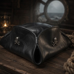 May include: A black tricorn hat crafted from textured leather, featuring a distinct three-cornered shape with folded edges. Two metallic silver-toned skull and crossbones emblems are securely attached to the front and side panels of the hat.