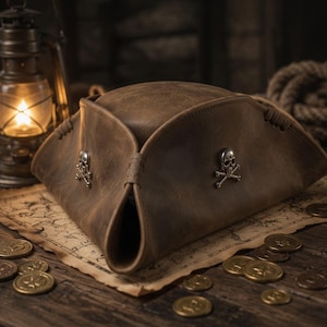 May include: A brown leather tricorn hat featuring two silver-toned skull and crossbones emblems attached to the upturned brim. The hat has a weathered texture and is constructed with visible stitched seams along the folded edges.