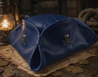 Blue Leather Pirate Tricorn Hat | Skull Crossbones Distressed | Halloween Costume Handmade