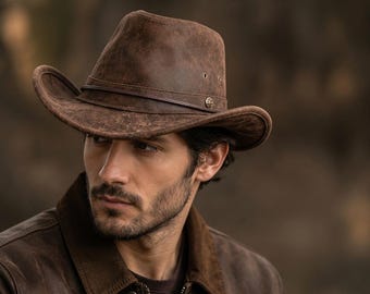 Distressed Leather Fedora Cowboy Hat | Brown Western Pinch Crown Unisex | Handmade Genuine