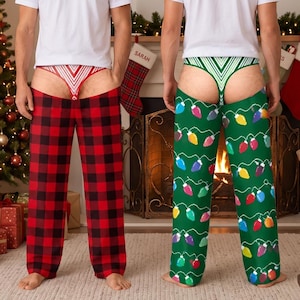 May include: Two pairs of chaps-style lounge pants. One pair features a red and black buffalo plaid pattern with a red and white candy cane striped thong. The other pair is green with a multi-colored Christmas light bulb print and a green and white striped thong.