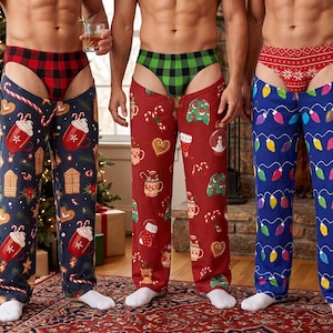 May include: Three pairs of festive-themed open-front lounge trousers with matching briefs. The first pair is navy with cocoa mugs, the second is red with gingerbread cookies, and the third is blue with colourful Christmas light bulb patterns.