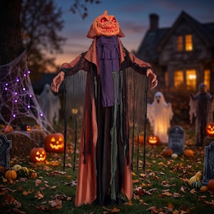 May include: A standing Halloween decoration featuring a pumpkin-headed figure with glowing red eyes. The figure wears a long, layered robe in shades of orange, purple, and black, accented with tattered black fabric fringe hanging from the arms.