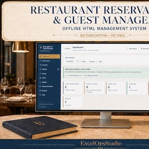 May include: A computer monitor displaying a Restaurant Reservation & Guest Manager dashboard with navigation menus, reservation statistics, and status cards. The screen shows text including "RESTAURANT RESERVATION & GUEST MANAGER" and "ExcelOpsStudio".