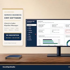 May include: A wide computer monitor displaying an ExcelOpsStudio CRM dashboard with sales pipeline metrics, alongside a vertical informational card detailing Service Business CRM Software features, including no subscription and offline access.