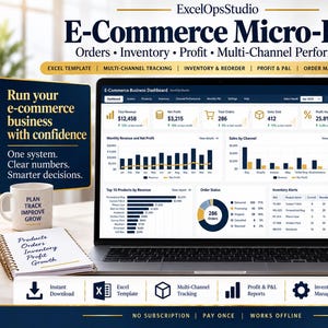 Puede incluir: Un portátil que muestra un panel de control E-Commerce Micro-ERP con gráficos, ingresos y datos de inventario. El texto incluye ExcelOpsStudio, Orders, Inventory, Profit, Multi-Channel Performance y Digital Business Tool.