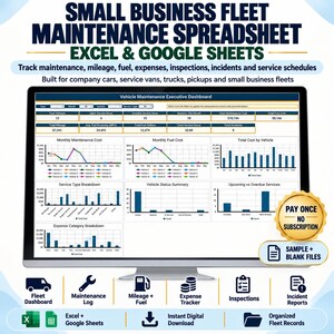 Fleet Maintenance Spreadsheet | Mileage Tracker, Fuel and Vehicle Expenses | Excel & Google Sheets