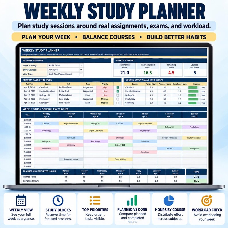 Assignment Tracker Excel Spreadsheet | Student Planner for Assignments, Exams, Grades, GPA & Study Schedule bild 5