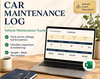 Car Maintenance Log Excel Template, Vehicle Maintenance Tracker, Fleet Service Log, Mileage & Repair Dashboard
