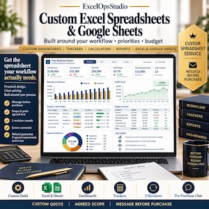 May include: A laptop screen displaying a custom Excel and Google Sheets dashboard with financial data, charts, and project trackers. The image includes text about custom spreadsheet services, workflow solutions, and business analytics tools.