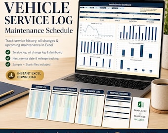 Vehicle Service Log Excel Template, Car Maintenance Schedule, Oil Change Log, Auto Maintenance Tracker