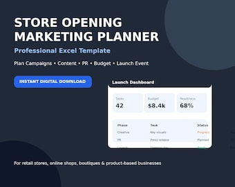 Grand Opening Marketing Planner Excel Template | Store Launch Checklist, Campaign Calendar, Budget Tracker