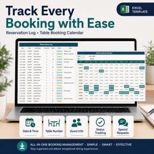 Restaurant Reservation Tracker Excel Template | Table Booking Calendar, Guest List, Daily Reservation Dashboard