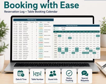 Restaurant Reservation Tracker Excel Template | Table Booking Calendar, Guest List, Daily Reservation Dashboard