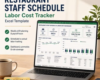 Restaurant Staff Schedule & Labor Cost Tracker Excel Template, Payroll Hours and Shift Planner