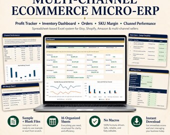 Multi Channel Ecommerce Micro ERP, Profit Tracker, Inventory Dashboard, Etsy Shopify Amazon Seller Excel Template