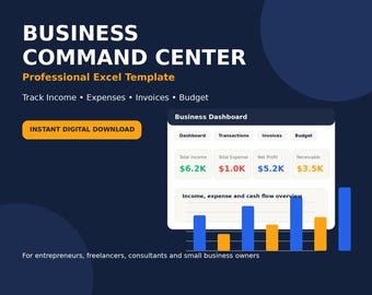 Small Business Command Center Excel Template | Invoice Tracker, Budget Planner, Finance Dashboard