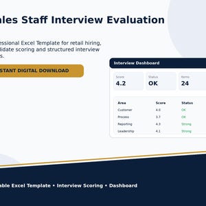 Könnte beinhalten: Eine digitale Excel-Vorlage zur Bewertung von Verkaufsmitarbeitern mit einem Interview-Dashboard, das Punktzahlen, Status und Elemente anzeigt. Das Layout enthält Textüberschriften, eine goldene Schaltfläche und eine Ergebnistabelle.