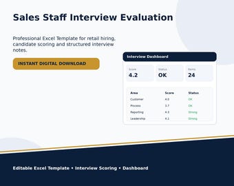 Retail Sales Staff Hiring Scorecard Excel Template | Interview Evaluation Form, Candidate Tracker