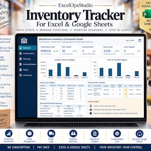 Puede incluir: Un ordenador portátil que muestra el rastreador de inventario ExcelOpsStudio para Excel y Google Sheets. La pantalla muestra un panel de control de inventario con gráficos, tablas y métricas de datos. Un escáner de códigos se sitúa a la derecha.