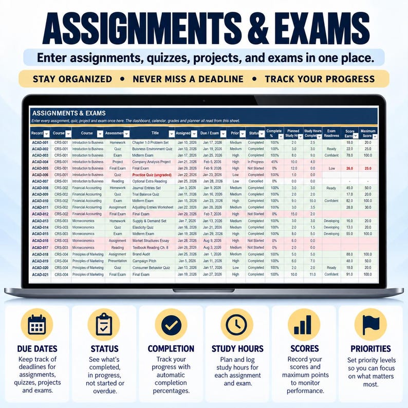 Assignment Tracker Excel Spreadsheet | Student Planner for Assignments, Exams, Grades, GPA & Study Schedule bild 2