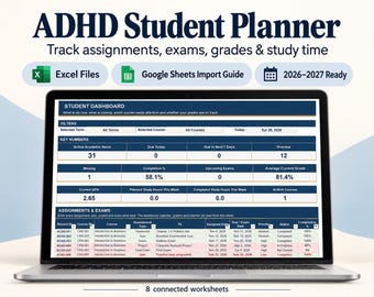 Assignment Tracker Excel | ADHD Student Planner, Academic Planner, Study Planner & GPA Calculator | Google Sheets Compatible