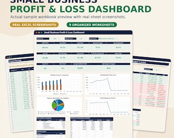 Small Business Profit and Loss Dashboard Excel Template, Income Expense Tracker, Monthly P&L, Tax Tracker