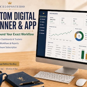 May include: A computer monitor displaying a custom digital planner and app dashboard with revenue, client, and project tracking data. The screen shows charts, task lists, and invoice summaries. Text includes EXCELOPSSTUDIO, CUSTOM DIGITAL PLANNER & APP.