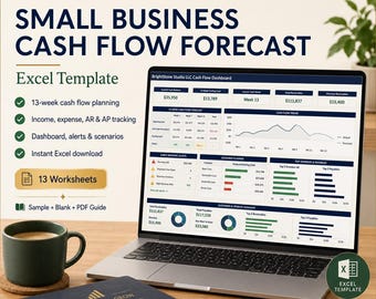 Small Business Cash Flow Forecast Excel Template, Income Expense Tracker, Accounts Receivable Payable, 13 Week Cash Flow Dashboard