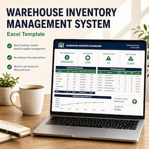 Könnte beinhalten: Ein Laptop mit einer Excel-Vorlage für ein Lagerbestandsverwaltungssystem. Der Bildschirm zeigt ein Dashboard mit Gesamtwert, Lagerbestandsmeldungen, Kategorien und einer Nachbestellungsübersicht. Text: Warehouse Inventory Dashboard.